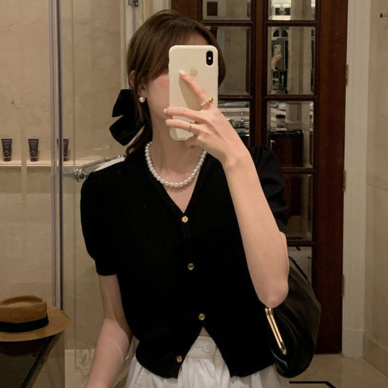 Summer Ice Silk Short Sleeve V-neck Black Chanel Style Knitted Small Cardigan Women's Thin Short Puff Sleeve Top T-shirt Trendy
