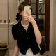 Summer Ice Silk Short Sleeve V-neck Black Chanel Style Knitted Small Cardigan Women's Thin Short Puff Sleeve Top T-shirt Trendy