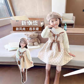 2025新款甜美女孩标配女宝时尚洋气甜美格子假两件针织毛衣连衣裙