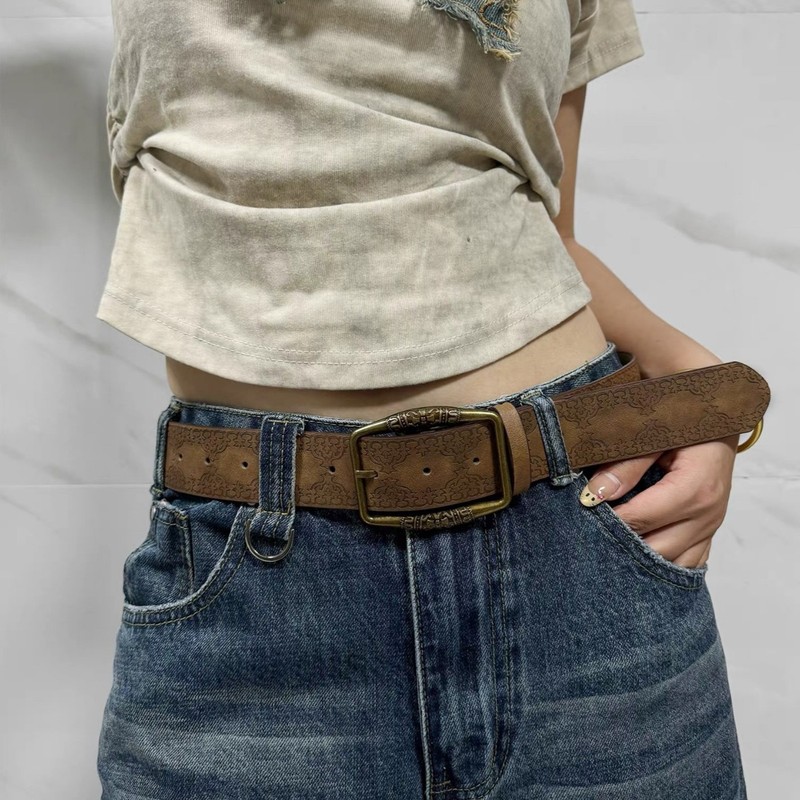 American Belt Men's Belt Y2K Women's New Style Young Hot Girl with Skirt Bronze Print Trendy Retro Brown American Belt Men's Belt Y2K Women's New Style Young Hot Girl with Skirt Bronze Print Trendy Retro Brown