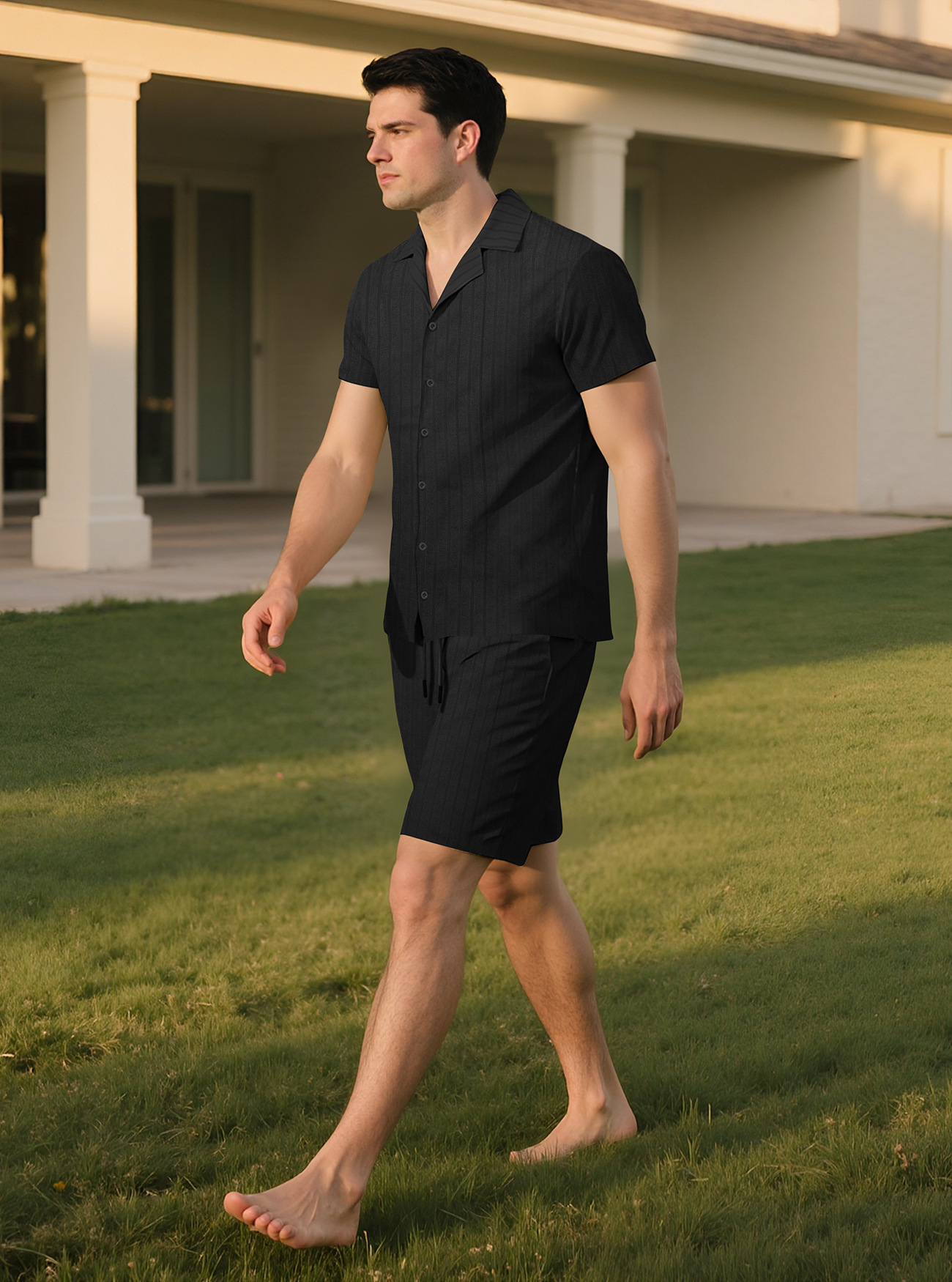 Herren Set Aus Einfarbigem Freizeithemd Und Shorts Für Den Sommer_voghion.com