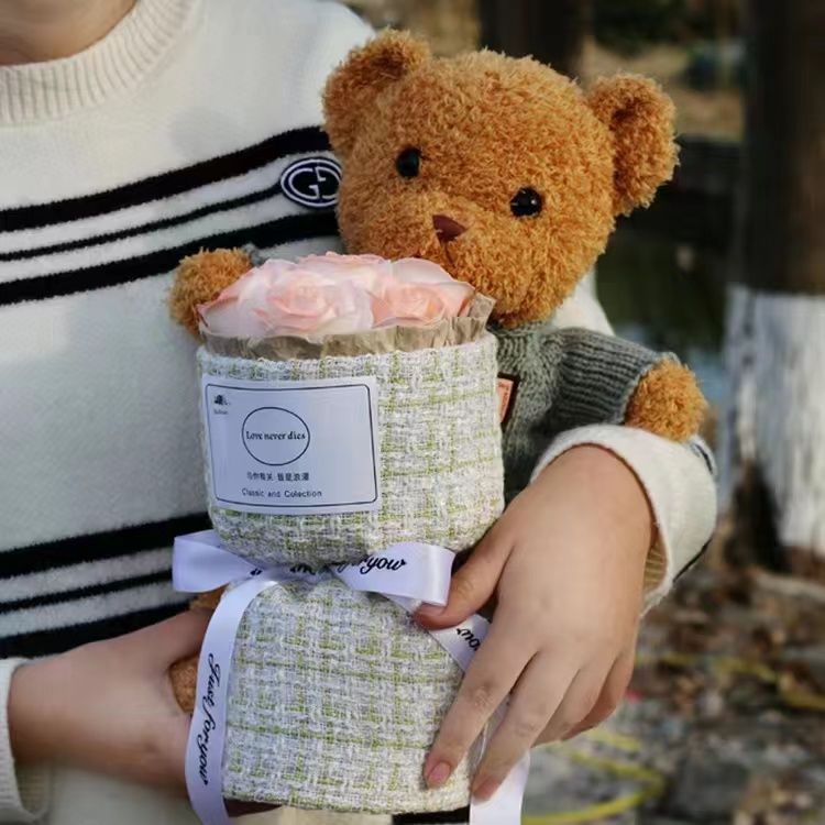 Regalos de Año Nuevo Teddy Bear Muñeca Imortalidad Rose Bouquet Regalos de cumpleaños para chicas Amigas Amigas