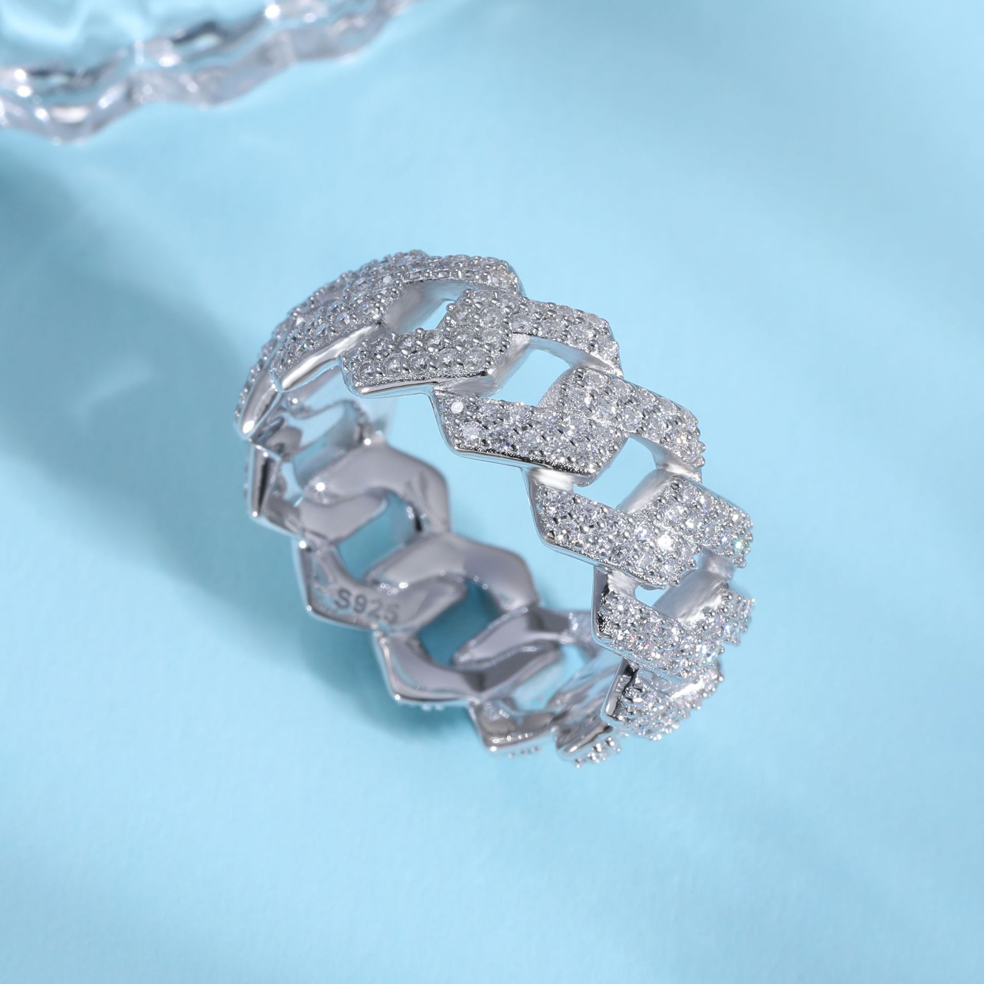 Vintage Sterling Silver Cuban Chain Ring With Moissanite For Men_voghion.com