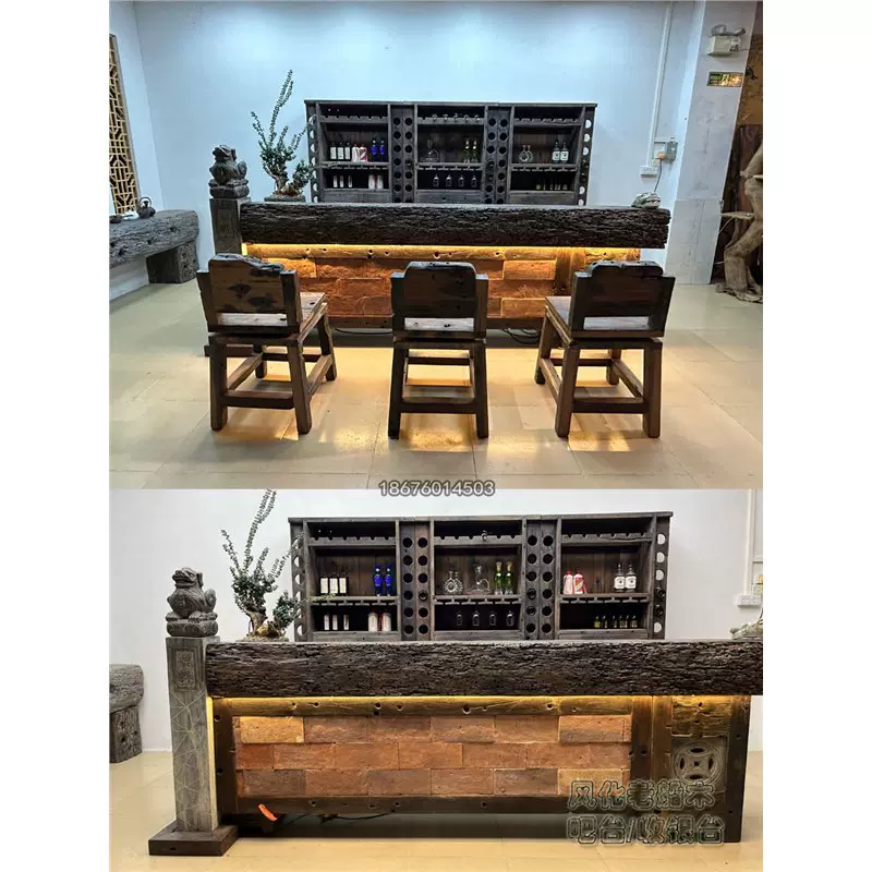 老船木吧台桌创意会所前台店铺商铺收银台实木美容院柜台接待台