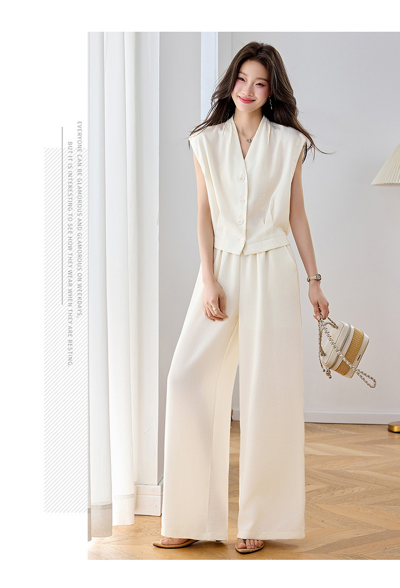 Bộ vest nữ hai dây phối quần ống rộng — màu kaki, màu trắng ngà, màu cà phê chi tiết 18