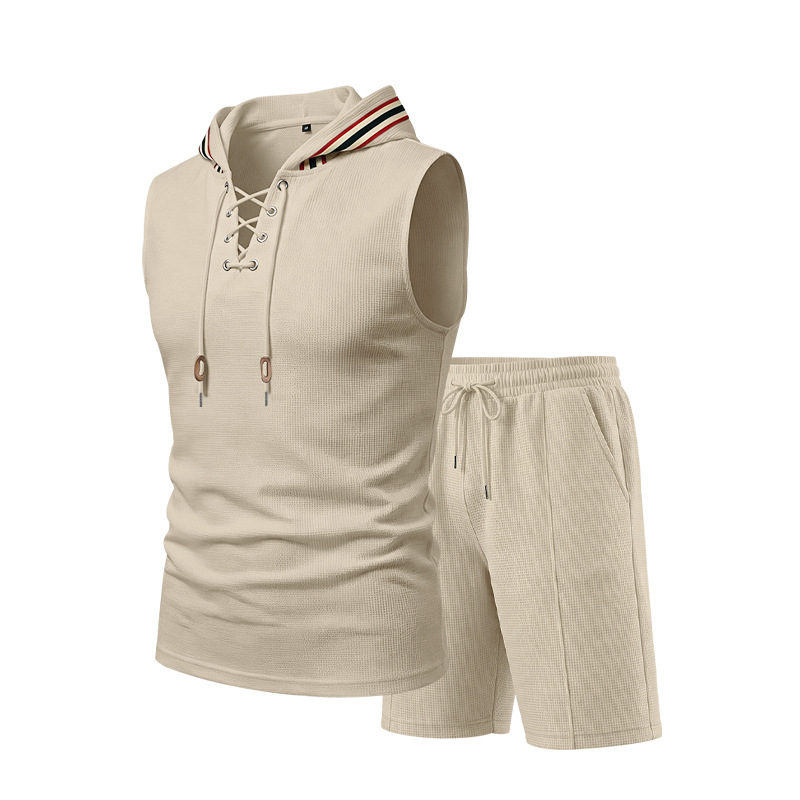 Men's Summer Hooded Vest And Shorts Set, Casual Loose Fit Breathable Athletic Two-Piece Outfit With Color Block Design_viptrois.com