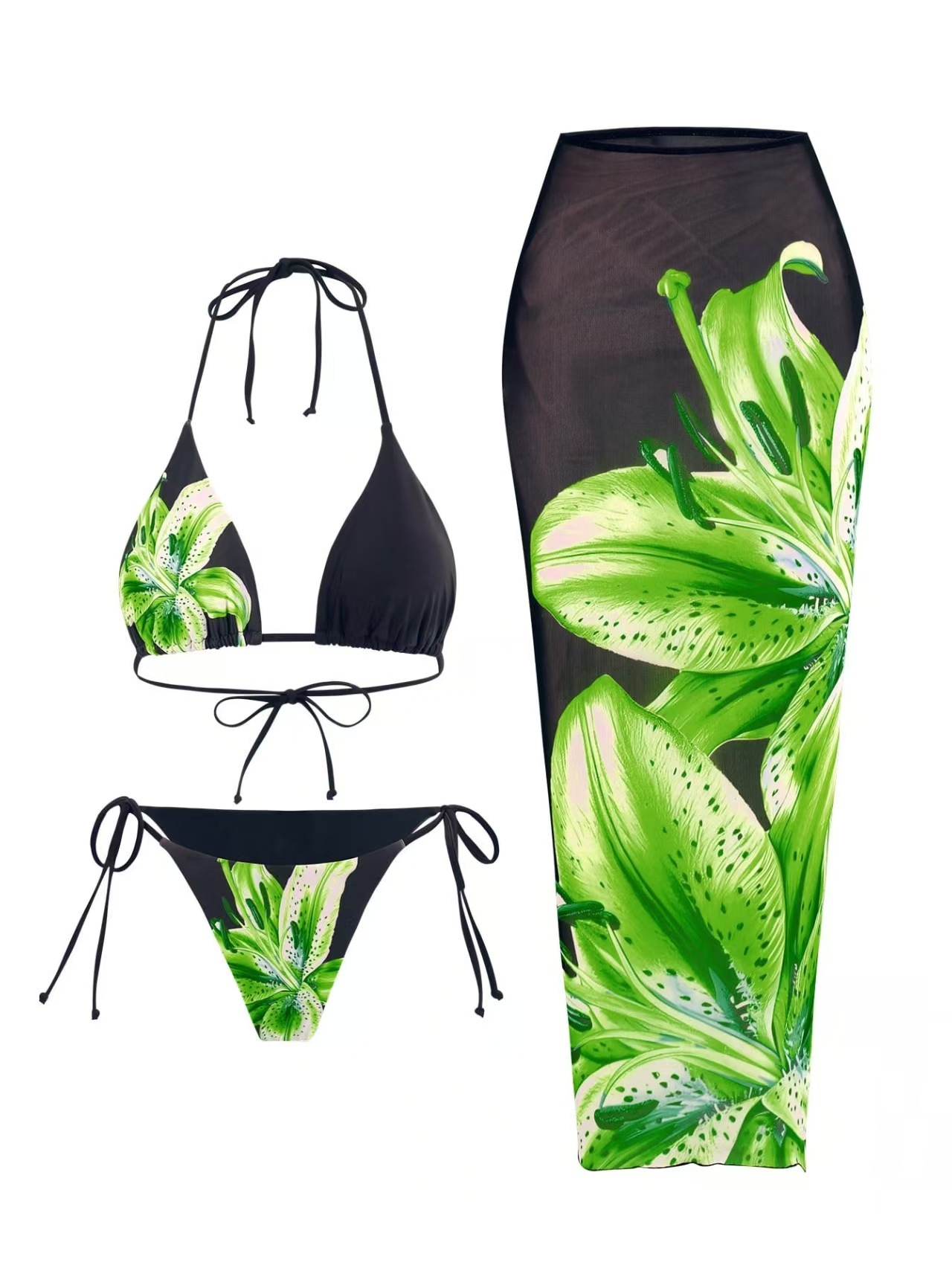 Women's Lily Print Three Piece Bikini Set With Wrap Skirt_voghion.com