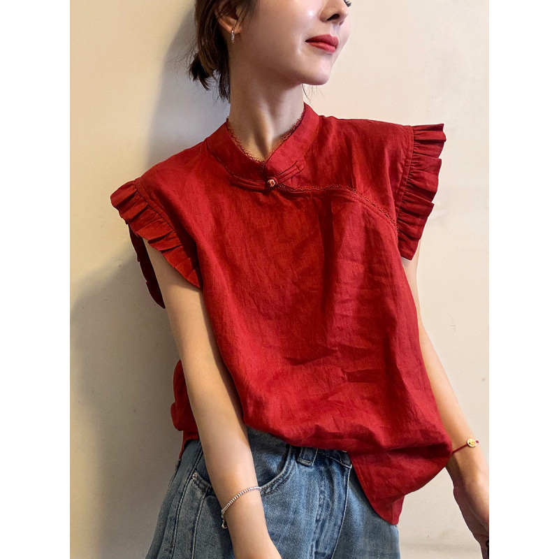 新中式飞飞袖盘扣改良衬衫女欧洲站夏装新款欧货女装木耳边小衫潮