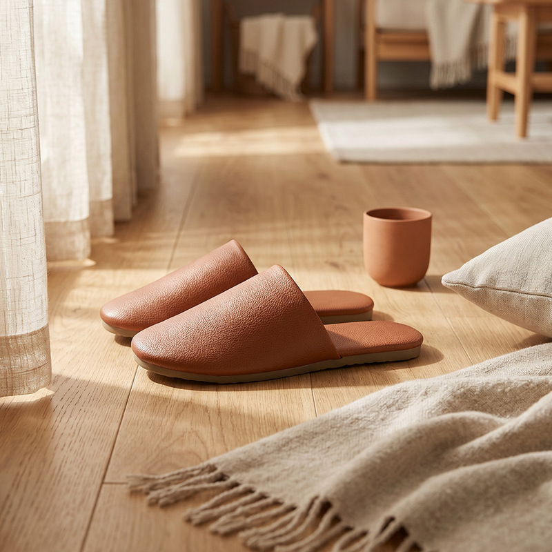Silkvan High-End Solid Color Leather-Textured Slippers, Indoor Non-Slip and Wear-Resistant Slippers, Light Luxury Vacation Home Office Slippers