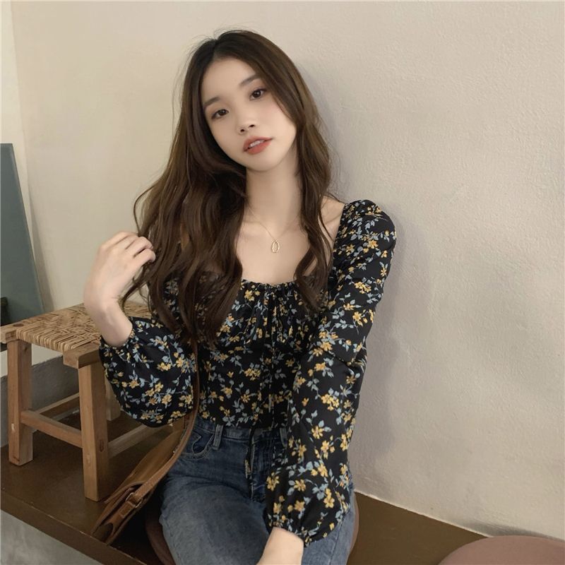French Square Collar Floral Long-Sleeved Shirt for Women 2023 Spring & Fall Unique Top Slim Short Design Niche Shirt