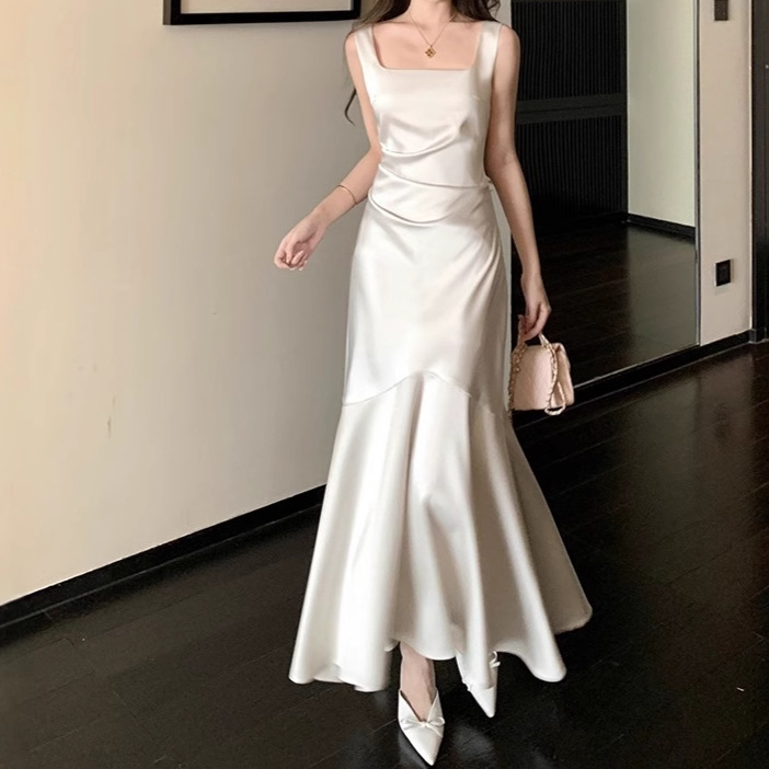 French Socialite Summer Fishtail Long Engagement Party Banquet Dress White Satin Suspender Dress for Women