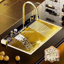 高端金色鲸鱼水槽飞雨双瀑布纳米大单槽304不锈钢厨房家用洗菜盆