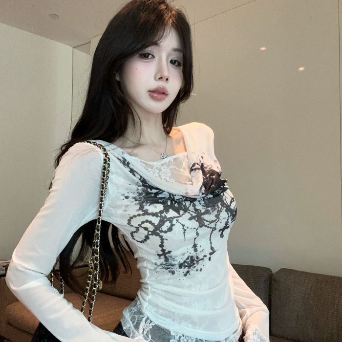 【工厂现货】网纱拼接蕾丝秋季印花罩衫荡领薄上衣长袖T恤女ins|undefined