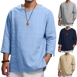 in stock 2024 AliExpress New Foreign Trade Top wish Amazon Men's Long Sleeve V-Neck Cotton Linen Loose Shirt