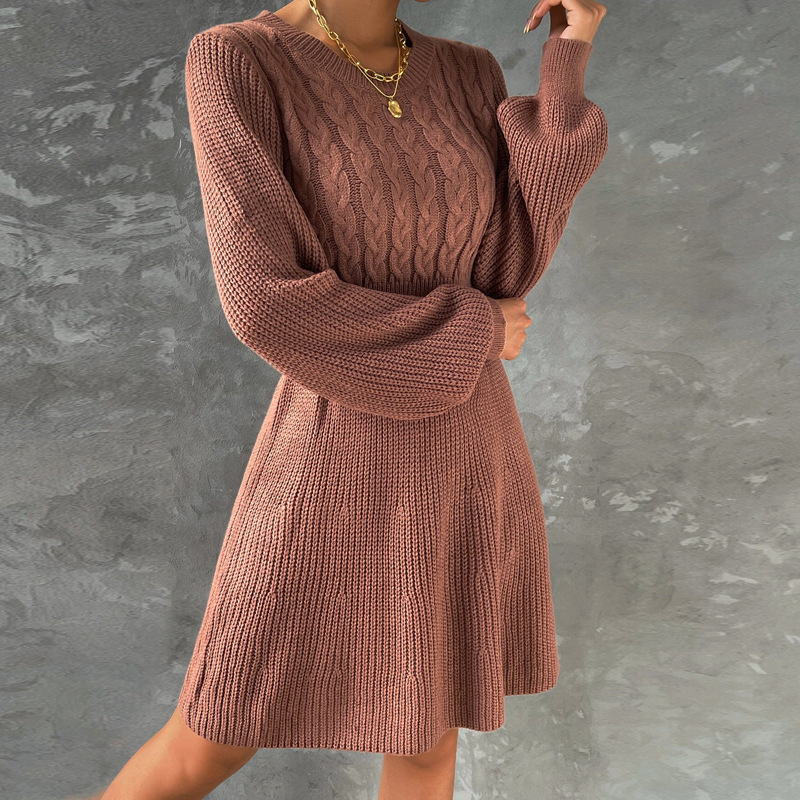 Women Clothing Spring Autumn Winter Waist Tight Slimming Retro Cable Knit Sweater Long Sleeve Dress