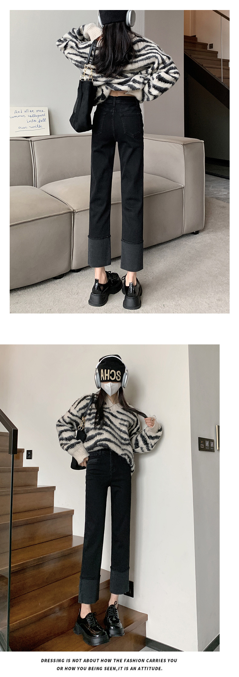 Rolled-up high-waisted straight-leg jeans for women in spring, Korean style, elastic and slimming, making you look petite. Trendy cigarette tube pants pic 17