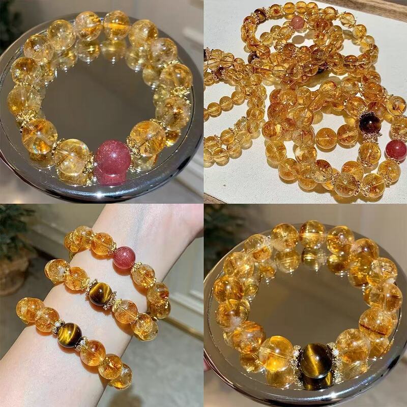 "Zhaocai Crystal Series" Natural Crystal Bracelet Yellow Tower Crystal Yellow Asai Symbiotic Strawberry Crystal Tiger Eye Bracelet