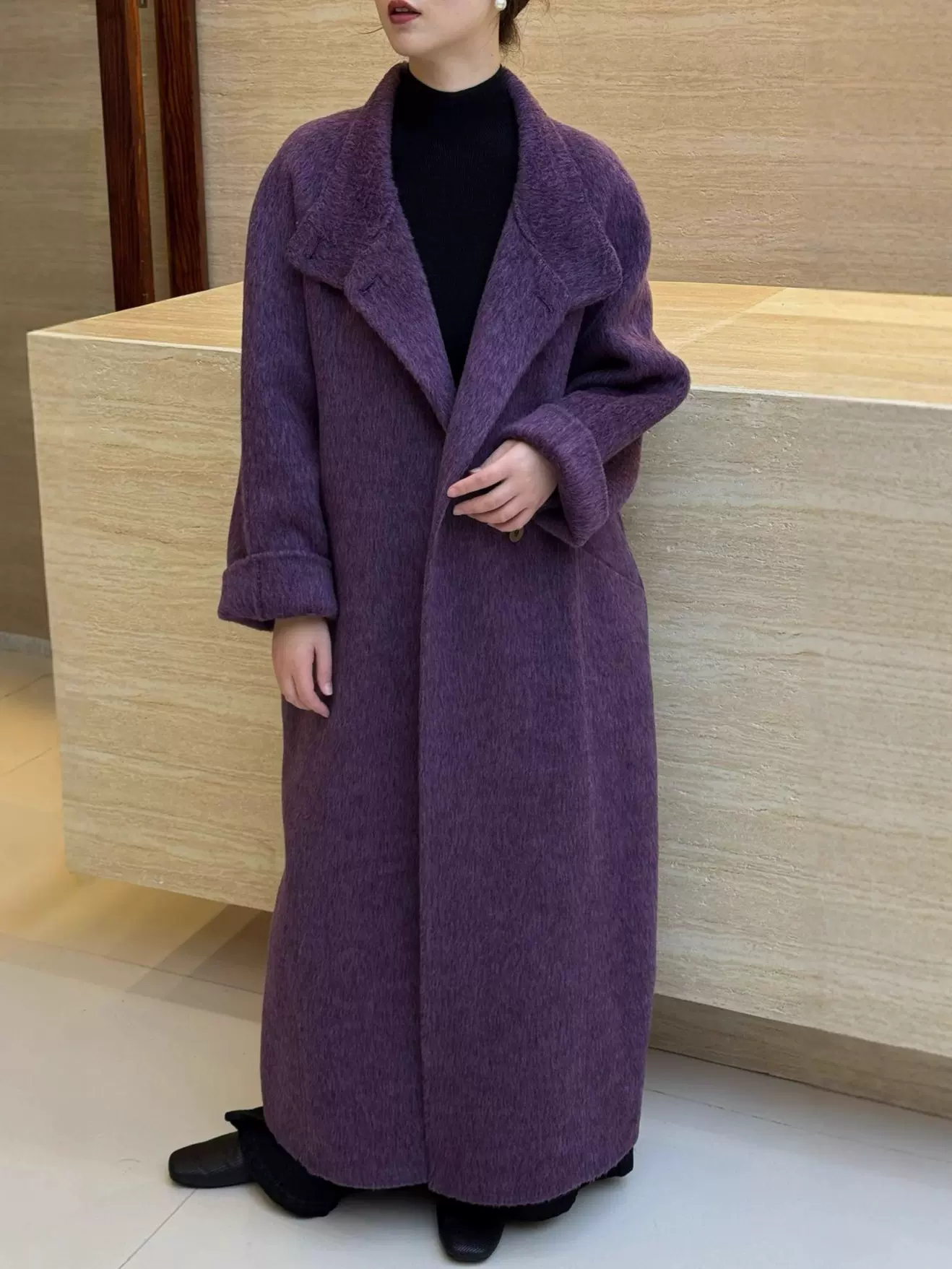 加厚立领单排扣双面羊毛大衣 长款系带立领大版毛呢外套1014-175