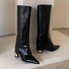 外贸大码长筒靴女2025秋冬新款纯色异跟尖头时装靴外穿