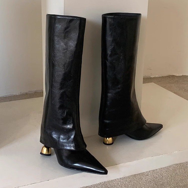 Foreign Trade Large Size Long Boots for Women 2025 Autumn and Winter New Style Solid Color Unique Heel Pointed Toe Fashion Boots for Outer Wear