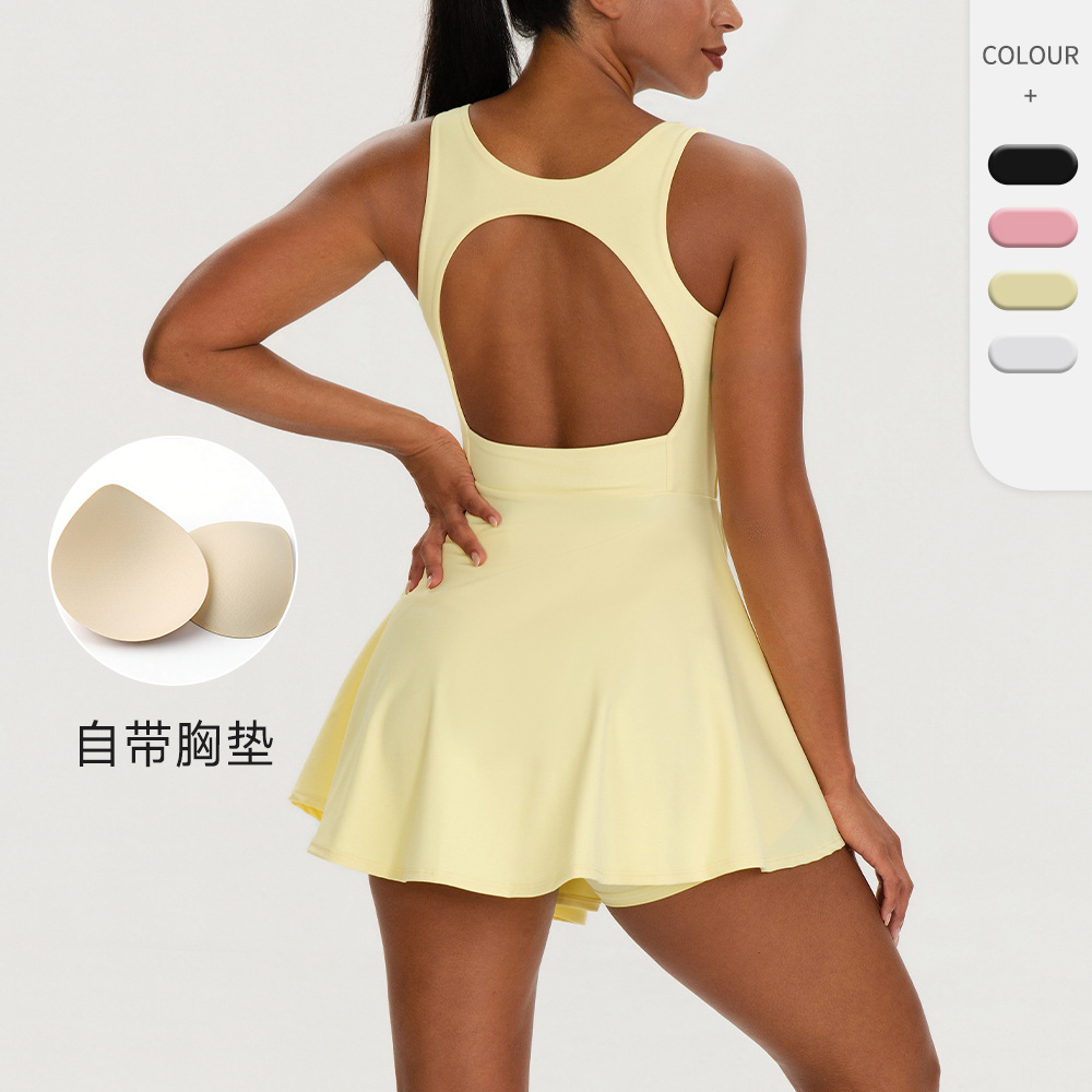 European and American Sports Tennis Skirt with Chest Pad Dress for Women Outdoor Running Fitness Yoga One-Piece Short Skirt 62113
