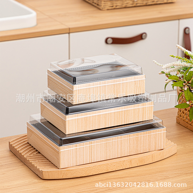 Caja de corte de frutas sin plegables, cuatro, cinco, seis cuadrículas de sushi, fruta fresca cortada, plástico transparente rectangular, caja de papel y plástico de tres piezas