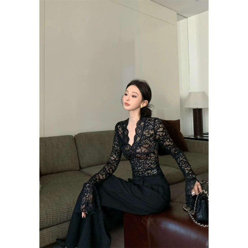 Реальный снимок и реальная цена, элегантный и стильный дизайн, сексуальный кружевной топ + универсальные прямые широкие брюки.