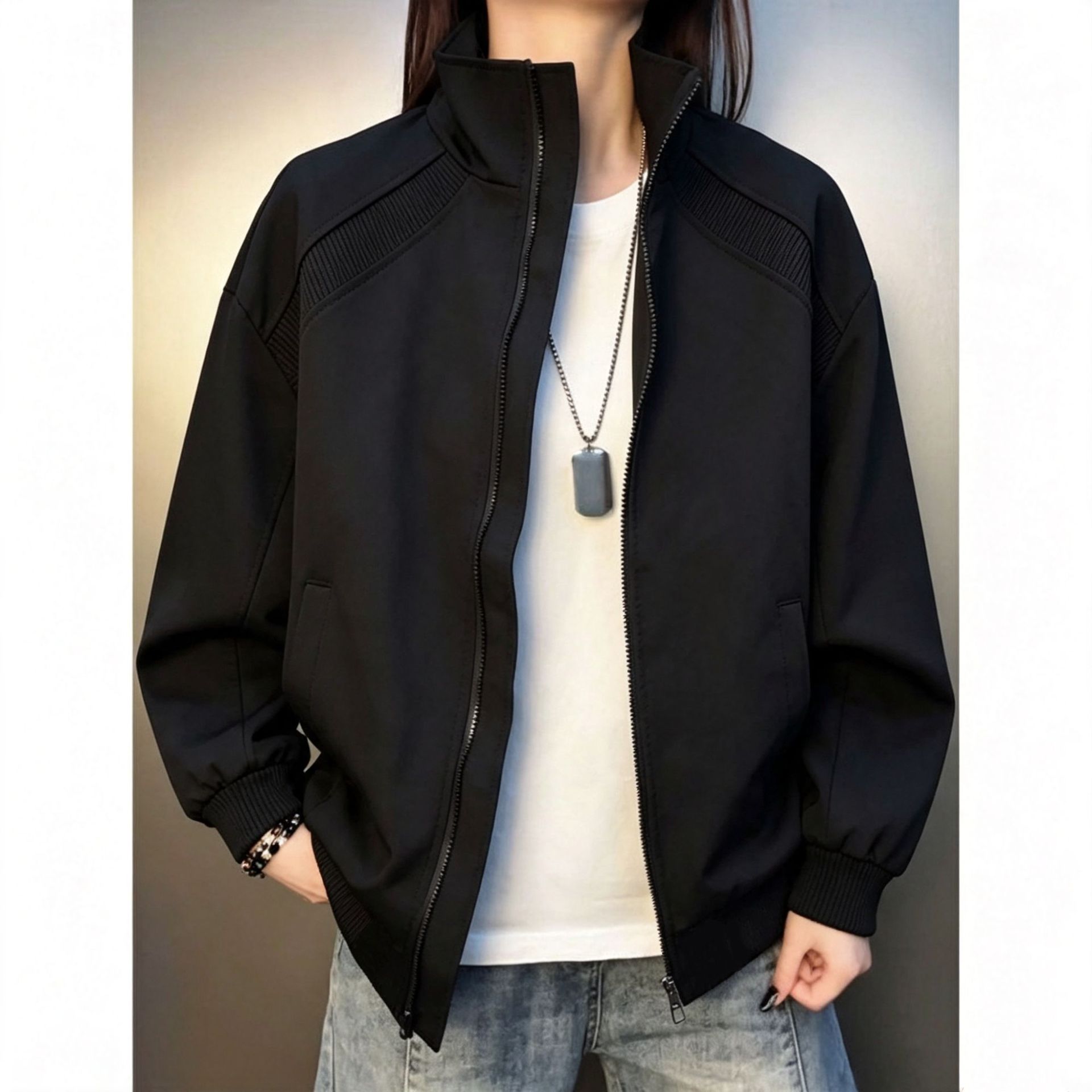 Cleanfit Black Stand Collar Flight Work Jacket, Unisex, Spring/Autumn, American Short Baseball Jacket, High-End Outerwear