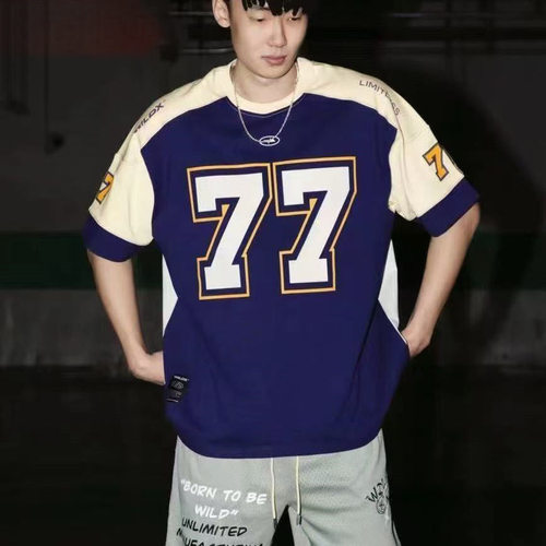 77 Ice Hockey Short-Sleeved American Retro Sports High-Street Casual Rugby Jersey Basketball Hip-Hop Shirt T-Shirt European and American Style