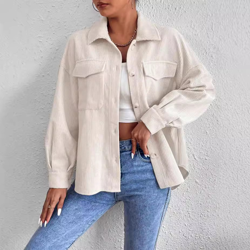 European and American Cross-border Women's 2024 New Corduroy Shirt Jacket Casual Snap Button Loose Long Sleeve Jacket Coat