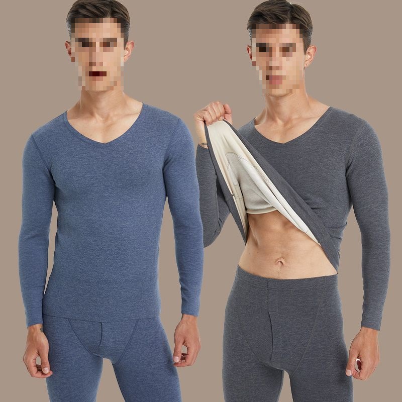 Men's Fleece-Lined Thickened Thermal Patch Underwear Set Wool Complete Set Autumn Clothes and Pants Knee Pads for Cold Protection