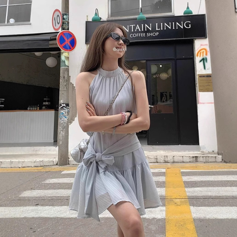 French Style Sleeveless Neck Blue dress Women's Clothing Summer Design Bow Strap A- line Skirt Black Skirt French Style Sleeveless Neck Blue dress Women's Clothing Summer Design Bow Strap A- line Skirt Black Skirt