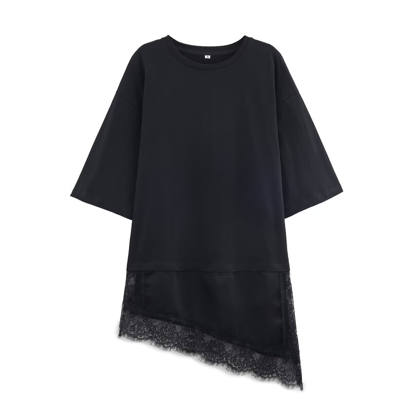 Foreign Trade Wholesale Autum New European and American Style Stitching Lace Decoration Asymmetrical T-Shirt 4813858
