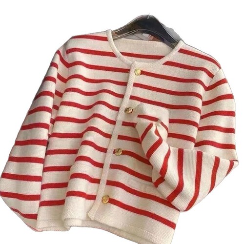Women's Spring and Autumn Fashion Striped Knit Cardigan, French-Style New Arrival High-Quality Short-Sleeve Outerwear Top