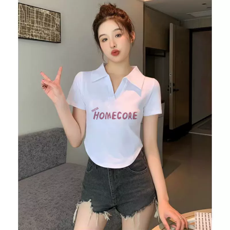 Хлопковый дизайн, милый воротник-поло, топ с короткими рукавами на правое плечо, шикарная тонкая короткая футболка Pure Desire для женщин