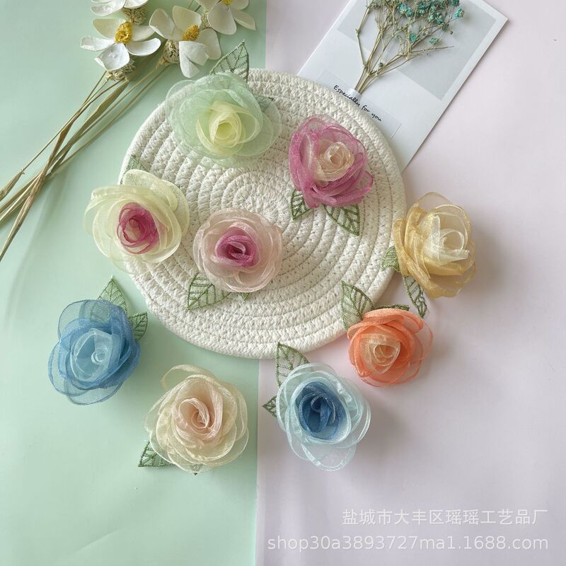 New Korean-Style Forest-Themed Handmade Organza Three-Dimensional Camellia Rose Burnt-Edge Flower Brooch Corsage Clothing Accessory