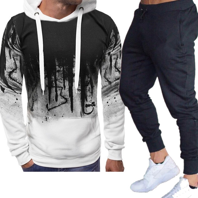 Cross-Border Amazon European and American Men's Sports Sweatshirt Set Autumn and Winter Fleece Splash-Ink Hoodie + Sweatpants 2-Piece Set Cross-Border Amazon European and American Men's Sports Sweatshirt Set Autumn and Winter Fleece Splash-Ink Hoodie + Sweatpants 2-Piece Set