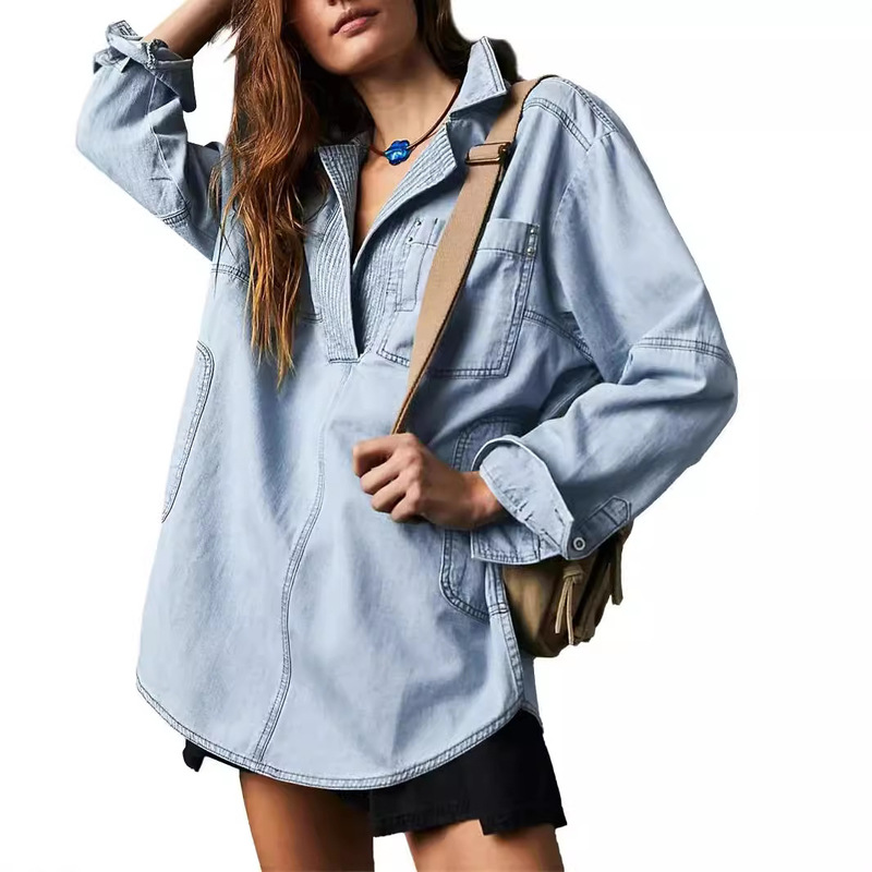 European and American Cross-Border New Style Lapel Fashion Casual Slim Denim Long-Sleeved Shirt Denim Jacket for Women
