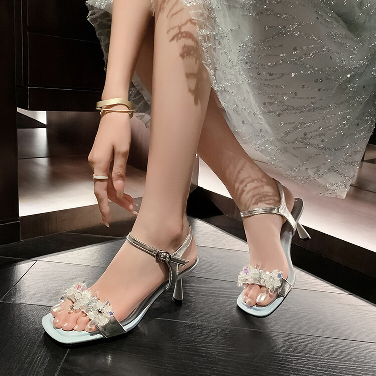 Sandal cao gót nữ mũi nhọn đính cườm da bò, gót nhọn 9 cm — Màu đen, Màu xanh lam chi tiết 21