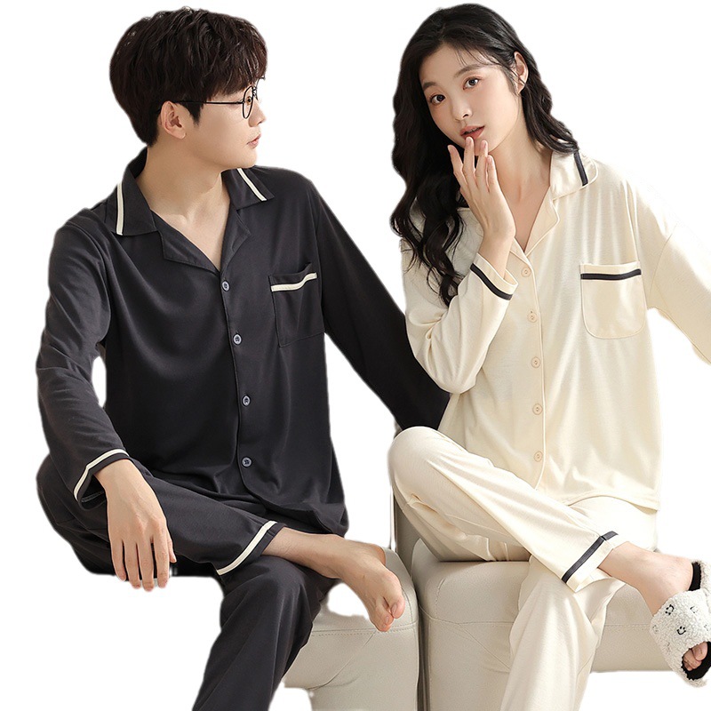 Primavera y otoño pareja pijamas mujeres otoño algodón hombres ropa para el hogar pantalones de manga larga traje cardigan frente hebilla solapa casual hogar