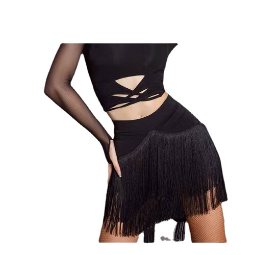 Professional black army green Latin dance skirts pants female ballroom salsa cha cha rumba dance tops irregular tassels flowy dance skirt