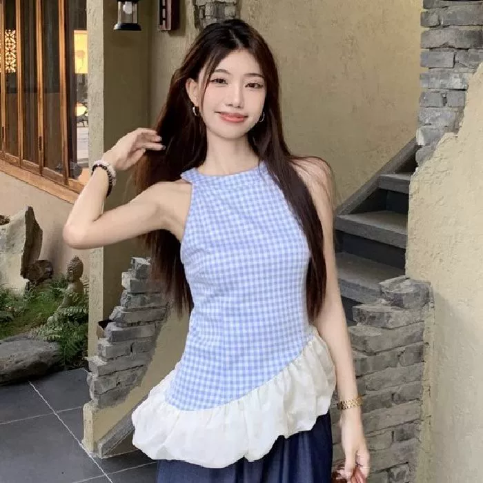 Внешняя торговля Новые нерегулярные сетчатые пряжи сращивание синей клетчатой шеей камзол жилет женский летний сладкий горячий блузка