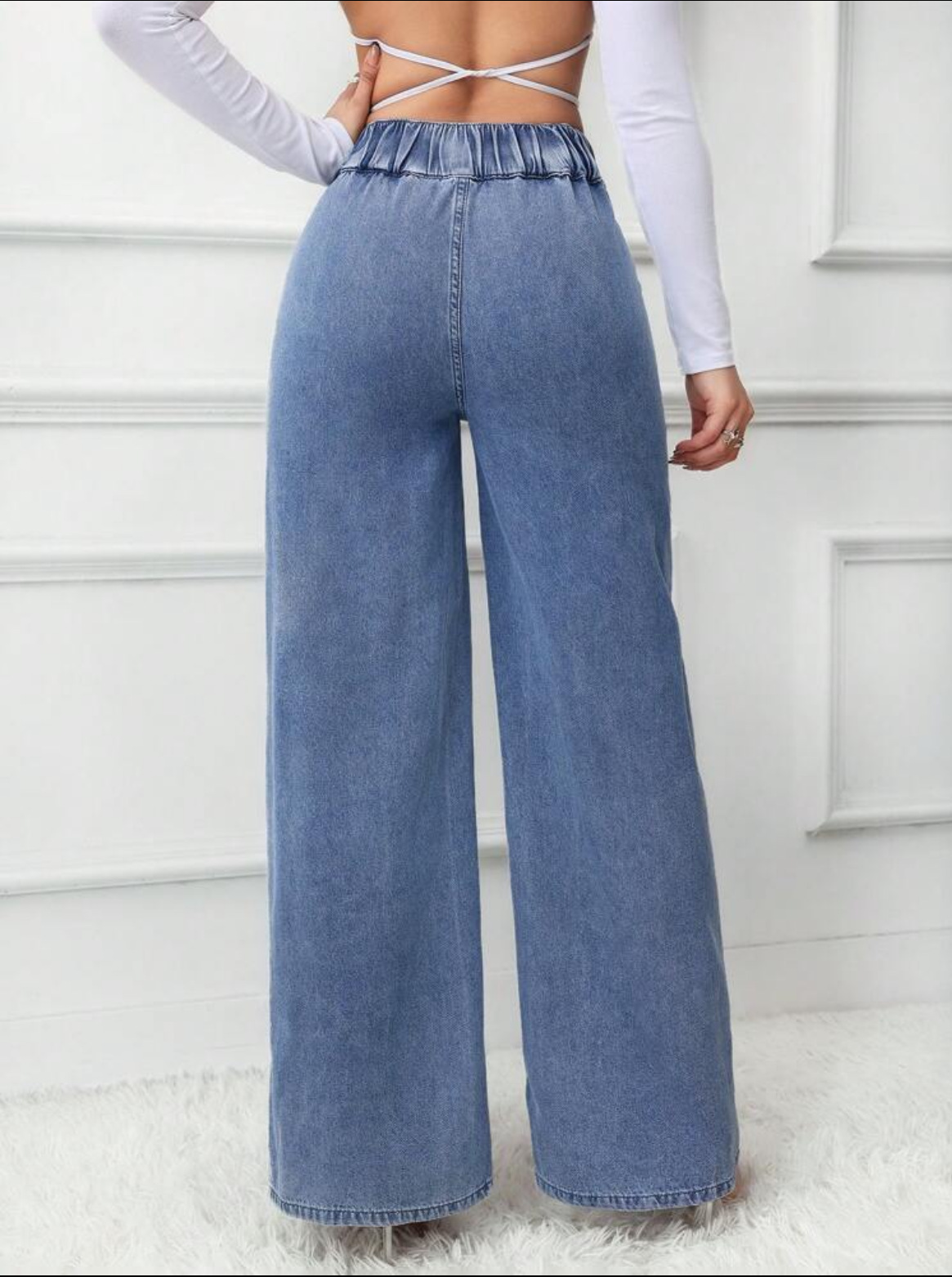 Högmidjade jeans med raka ben för damer med dubbla knappar_voghion.com
