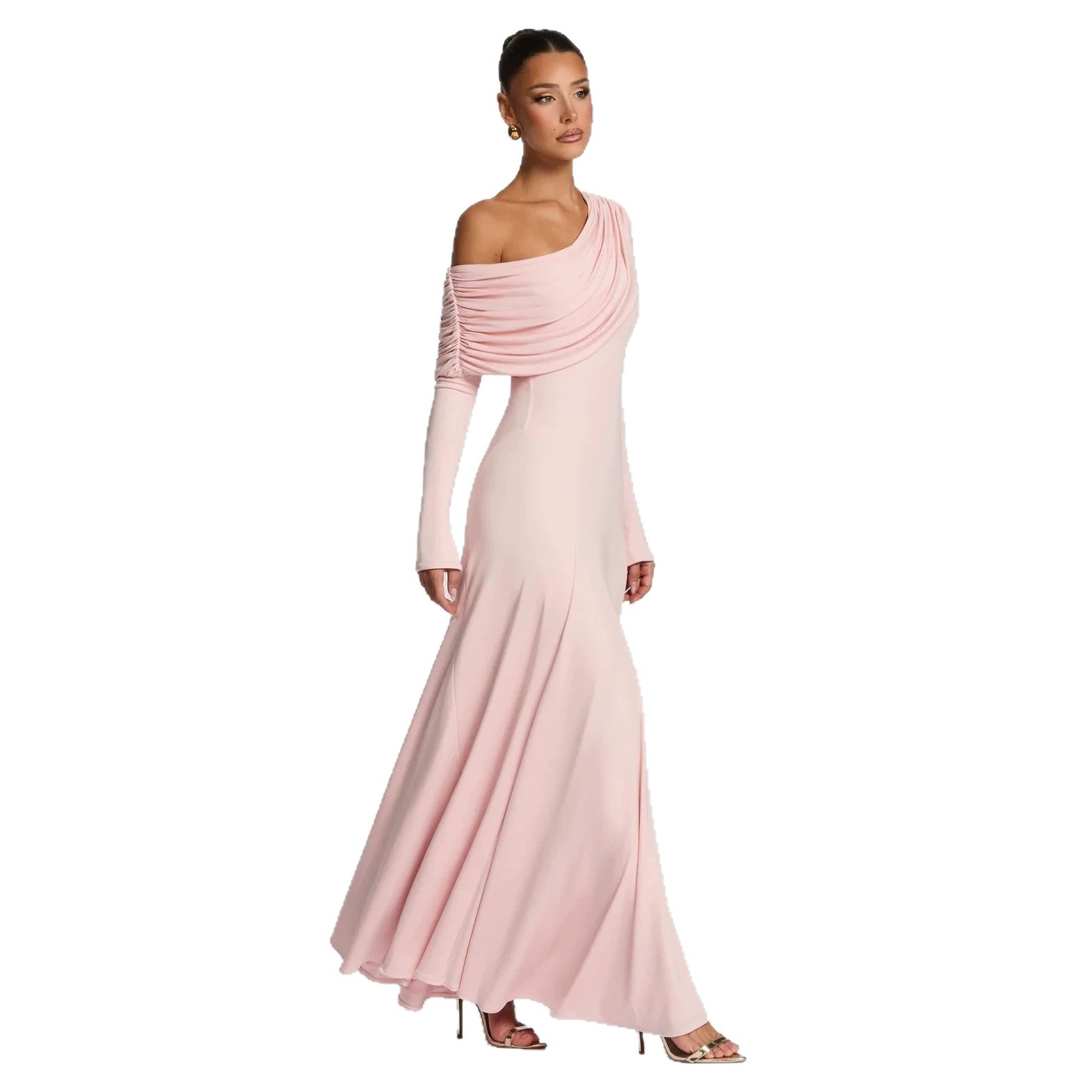 2026 mujeres europeas y estadounidenses transfronterizas hombros inclinados mangas largas cuello swing vestido plegado vestido de cintura sólida vestido delgado al por mayor image 5