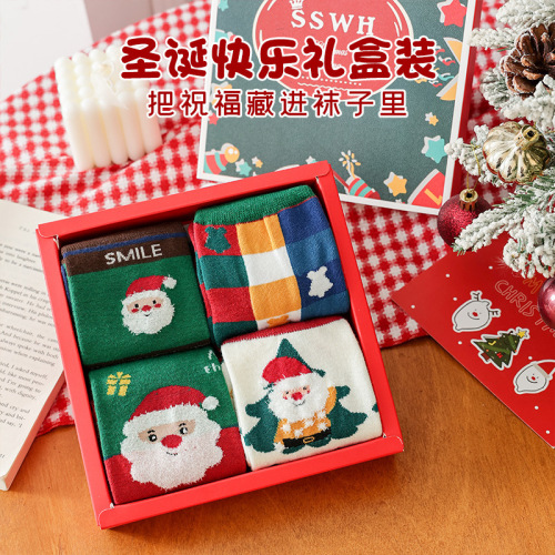 Christmas socks women's mid-calf socks 4 pairs in gift box for Christmas gifts cartoon long socks cross-border foreign trade wholesale