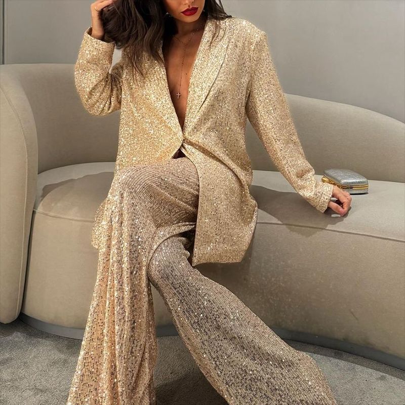 Damenbekleidung Mode Lässig Damenbekleidung Paillettenanzug Jacke Hose Anzug Temperament Elegante Paillettenoberhose_voghion.com