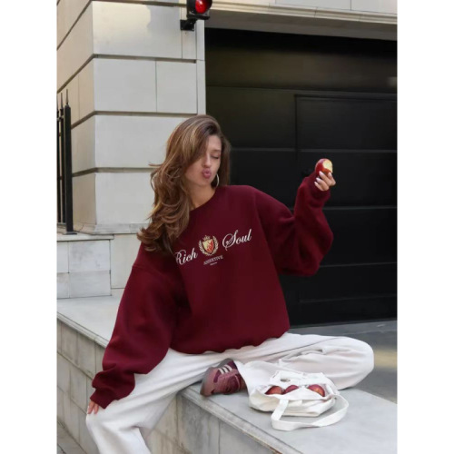 European and American Style Autumn/Winter Casual Versatile Loose Fleece Lined Thick Fashion Print Hooded Crew Neck Sweatshirt for Women