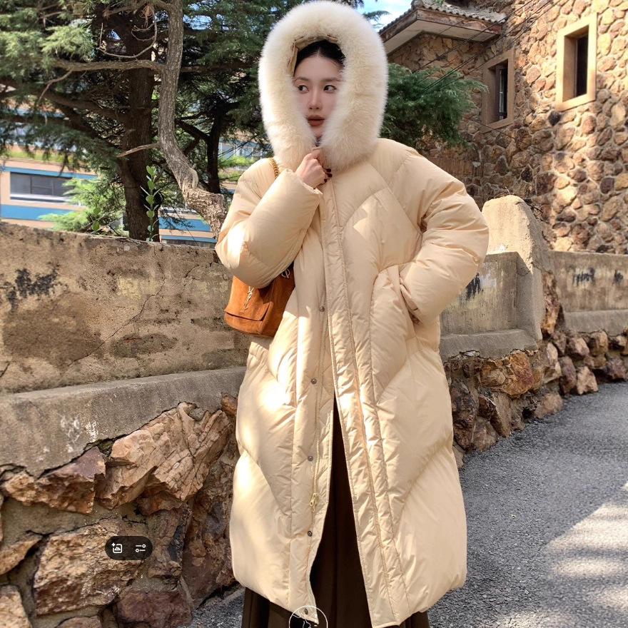 Luqingyi 오리지널 [Don't Know Cold] 삼성 90 화이트 덕 다운 재킷 여성 겨울 여우 모피 후드 롱 코트