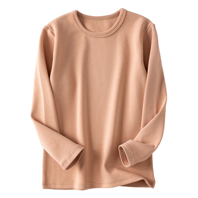 Camiseta interior térmica gruesa de forro polar para niños, top de manga larga con cuello redondo de color liso para niñas y niños, ropa interior térmica.
