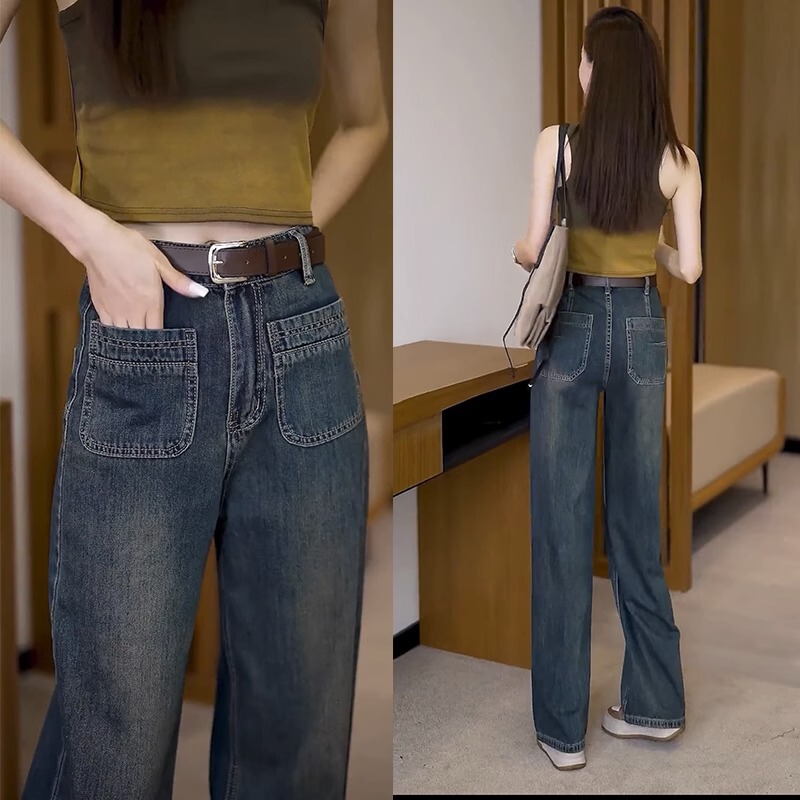 Straight deep jeans for women Spring and Autumn popular popular fleece-lined thick winter high waist loose slimming wide leg mopping pants